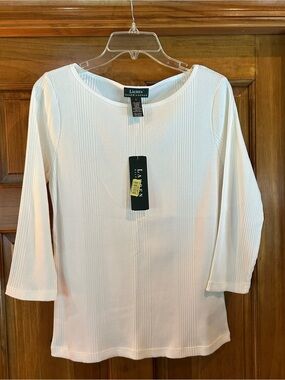 Lauren Ralph Lauren White Ribbed Boatneck 3/4 Sleeve Tee
